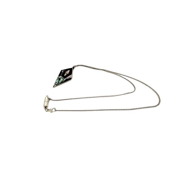 Vintage Silver Inlaid Mother of Pearl and Jet Art Deco Design Pendant 18" Chain - Picture 6 of 6